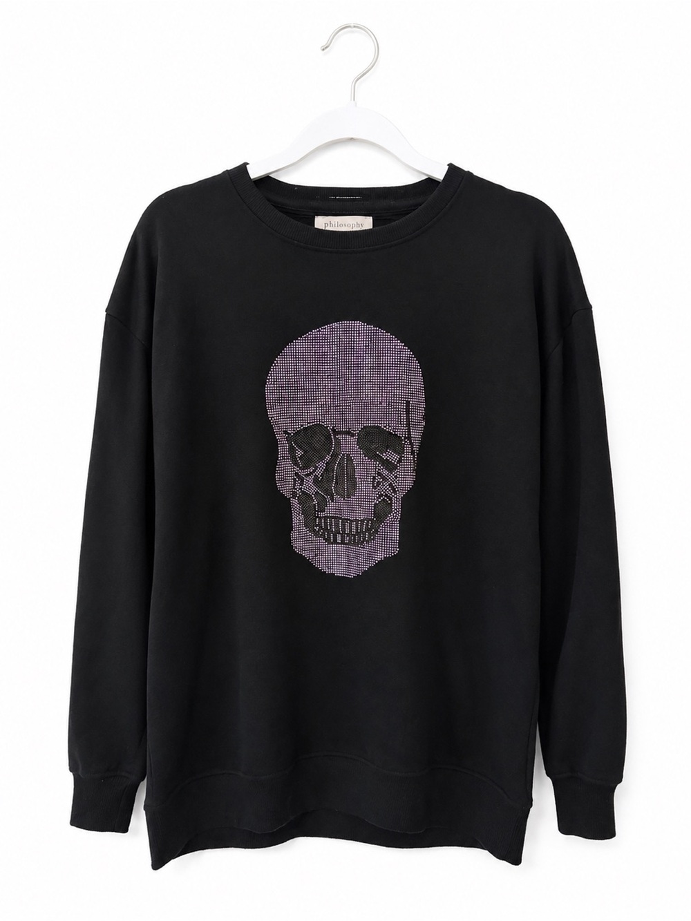 Philosophy Black Crewneck Sweatshirt with bedazzled Skull Graphic
